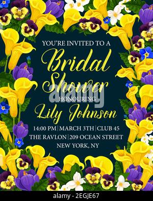 Carte d'invitation pour la douche de mariée avec fleurs jaunes, blanches et magenta sur fond noir. Modèle vectoriel pour la fête de la douche de mariée. Belles fleurs o Illustration de Vecteur