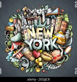 New York dessin main dessin dessin dessin animé Doodle illustration. Design urbain amusant. Illustration de Vecteur