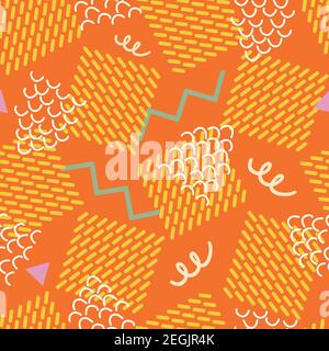 Style Memphis Beach Party vector sans coutures. Arrière-plan abstrait des formes géométriques. Carrés de style gaufré, zigzag et lignes courbes sur orange Illustration de Vecteur
