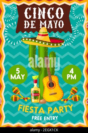 Affiche de fête de Chico de Mayo au bar ou au restaurant. Bannière vectorielle avec des éléments mexicains symboliques sombrero chapeau sur cactus, guitare, tequila an Illustration de Vecteur