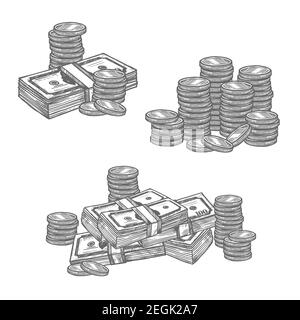 Billets en dollars et pièces en cent argent en liasses et en pieux croquis des icônes. Ensemble isolé vectoriel de billets de banque et de pièces de monnaie de 100 dollars Illustration de Vecteur