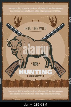 Affiche rétro de la saison de chasse aux taureaux. Vector vintage design des fusils de chasse pour la société de chasse saison ouverte pour les taureaux sauvages ou les animaux sauvages i Illustration de Vecteur