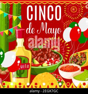 Cinco de Mayo fête mexicaine fête célébration carte de voeux de la nourriture traditionnelle et feux d'artifice. Dessin vectoriel de ballons dans le drapeau mexicain, tequila W Illustration de Vecteur