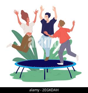 Des amis adultes sautant sur trampoline, des week-ends amusants Illustration de Vecteur