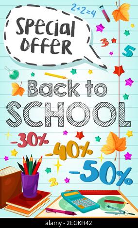 Retour à l'école solde ou affiche promotionnelle spéciale des fournitures d'étude et de la papeterie sur fond de croquis à carreaux. Croquis vectoriel d'un livre scolaire, d'un stylo ou d'un crayon Illustration de Vecteur