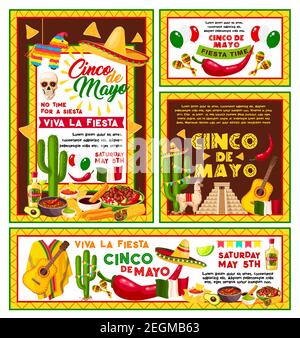 Cinco de Mayo fête nationale mexicaine fête fête fête fêtes affiches. Bannière vectorielle de cactus tequila mexicain et de guitare ou de sombrero, drapeaux mexicains Illustration de Vecteur