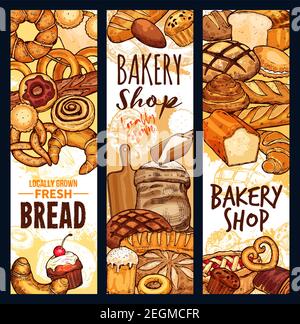 Le magasin de boulangerie esquisse des bannières de pain de pâtisserie et de desserts de pâtisserie. Motif vectoriel de sac de farine, de pain de blé et de bagel de seigle ou de baguette de croissant Illustration de Vecteur