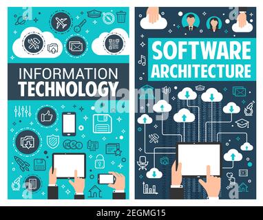 Infographie sur les technologies de l'information et l'architecture logicielle. Vecteur d'infographie technologique. Main humaine et téléphone mobile, icônes vectorielles. Smartph Illustration de Vecteur