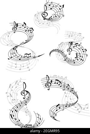 Musique notes vagues icônes du personnel musical et des symboles de clef. Dessin vectoriel de notes de musique ondulées pour la nuit de jazz ou d'opéra et les joueurs d'orchestre p Illustration de Vecteur