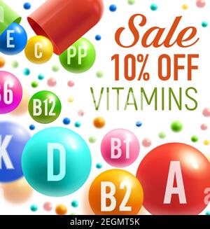 Affiche de vente de vitamines et de multivitamines pour la conception de publicité de supplément alimentaire ou de pharmacie. Minéraux vectoriels et complexe vitaminique de B ou E et D pi Illustration de Vecteur