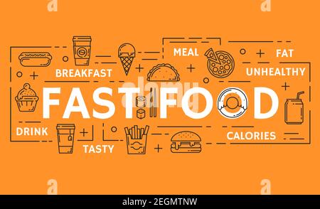 Affiche de fast food des icônes de la ligne fine de fastfood. Sandwich Vector Hot dog, cheeseburger et hamburgers, pizza ou tacos et pop-corn avec soda and do Illustration de Vecteur