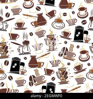 Café motif de tasses à café sans couture, des machines pour le design de la cafétéria. Fond vectoriel de grains de café, tasses de thé chaud avec vapeur et boissons au chocolat p Illustration de Vecteur