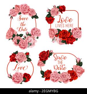 Cadres de fleurs de mariage avec noms de mariée et d'époux pour l'engagement de la date Save ou cartes d'invitation de mariage. Bouquets de fleurs vectorielles de bloo Illustration de Vecteur