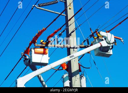 Etats-Unis, Pompano Beach - 24 juillet 2019 - les employés des services publics électriques qui travaillent sur les grues réparent le problème avec les lignes électriques Banque D'Images