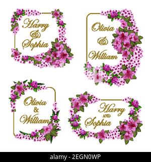 Cartes de vœux de mariage de fleurs lilas ou violettes pour l'invitation de groupe. Vecteur Enregistrer la conception de la date des noms de mariée et d'époux dans le cadre Illustration de Vecteur