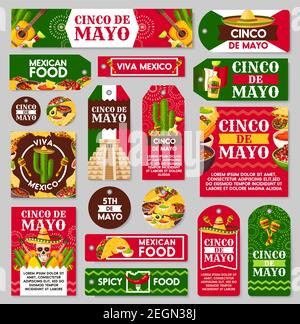 Ensemble d'étiquettes et d'étiquettes de fêtes Cinco de Mayo du Mexique. Fiesta Party Sombrero chapeau, maracas et piment poivre ou jalapeno, tequila margarita, cactus et Mexique Illustration de Vecteur