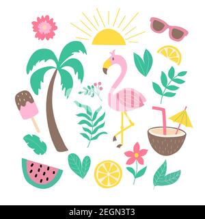 Ensemble d'éléments vectoriels tropicaux sur un thème d'été Illustration de Vecteur