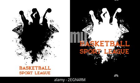 Les joueurs de la ligue de basket-ball et le ballon dans le panier de basket-ball, affiche de vecteur de club d'équipe de sport. Championnat et tournoi de basket-ball, silhouette de joueurs Illustration de Vecteur