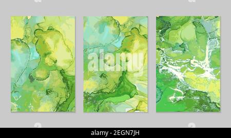 Prospectus abstraits en marbre vert et or. Jeu d'arrière-plans dans la technique de l'encre à base d'alcool. Textures de pierre vectorielles. Peinture moderne avec paillettes. Modèle pour Illustration de Vecteur