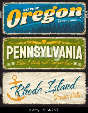 Les États-Unis indiquent des signes anciens et de merde plaques de métal rouillé. Plaques d'âge de l'Oregon, de la Pennsylvanie et du Rhode Island avec symboles d'état, repères et inscription t Illustration de Vecteur