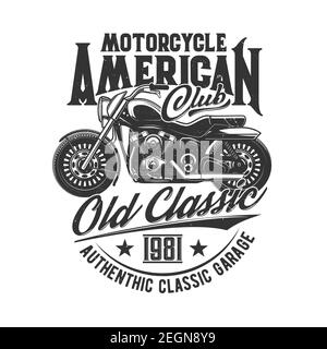 Courses de moto, club de motards, motocyclistes sport automobile, icône vecteur. Circuit de moto et vitesse moto rétro grunge imprimé t-shirt, American Choppe Illustration de Vecteur