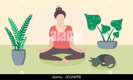 Femme méditant à la maison sur le sol avec des plantes et le chien endormi, fait dans le style de dessin animé plat vectoriel. Illustration de concept pour le yoga, la méditation, la rela Illustration de Vecteur