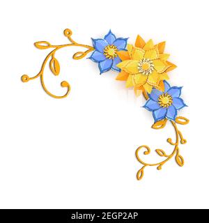 Motif découpé en papier avec composition florale. Magnifique arrière-plan avec des fleurs et des feuilles en papier de couleur jaune et bleue. Élément de cadre pour fleurs Illustration de Vecteur