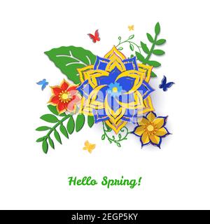 Motif découpé en papier avec composition florale. Magnifique arrière-plan avec des décorations florales fantaisie et un papillon bleu rouge et jaune. Élément de Illustration de Vecteur