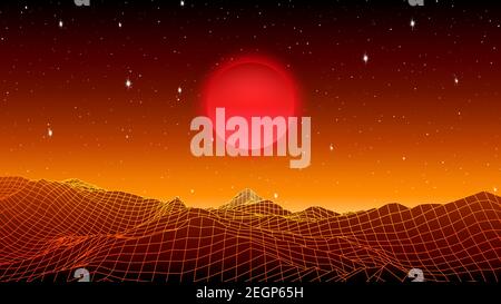 Paysage futuriste avec des montagnes cyber-punk stylées des années 80 sur la planète orange. Fond Synthwave pour la couverture musicale ou l'affiche Illustration de Vecteur