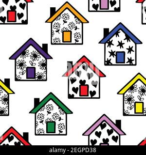 Motif vectoriel sans couture avec maisons arc-en-ciel sur fond blanc. Papier peint familial simple. Textile de mode de construction artistique. Illustration de Vecteur