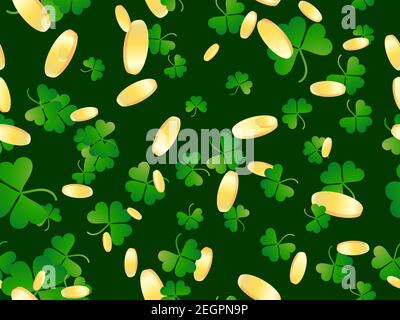 Pièces de monnaie dorées et motif trèfle sans couture. Bonne Saint Patrick. Fond de fête pour les produits publicitaires, les cartes postales et l'impression. Vecteur illustrat Illustration de Vecteur