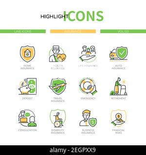 Types d'assurance - jeu d'icônes de style de conception de ligne. Idée de sécurité. Maison, santé, vie, auto, dépôt, voyage, urgence, retraite, invalidité, Illustration de Vecteur