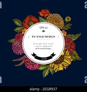 Logo sur le motif avec fleur de pavot, gerbera, tournesol, laitoued, dahlia, veronica Illustration de Vecteur