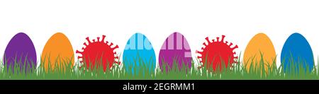 œufs de pâques colorés et virus corona dans le covid vert de prairie illustration vectorielle de bannière de pâques EPS10 Illustration de Vecteur
