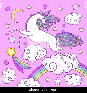 Une licorne arc-en-ciel volant dans le ciel. Illustration pour enfants. Vecteur Illustration de Vecteur