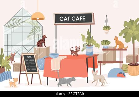 Illustration de l'écran plat du café Cat. Adorables animaux de compagnie marchant entre des fleurs dans des pots à l'intérieur du restaurant, assis à une table. Décoration intérieure de café pour animaux avec divers chats. Concept de petite entreprise. Illustration de Vecteur