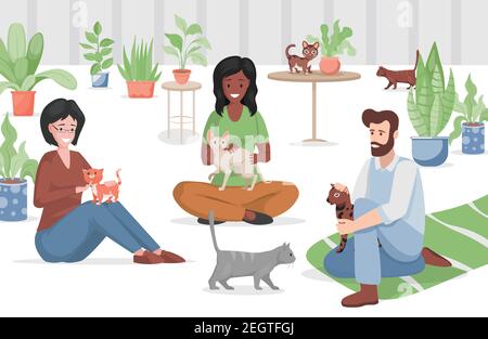 Illustration d'un café Cat ou d'un magasin d'animaux de compagnie. Des femmes et des hommes heureux dans des vêtements décontractés assis sur le sol et embrassant les petits animaux domestiques mignons. Passer du temps avec les chats, concept d'abri pour animaux. Illustration de Vecteur