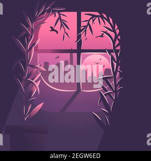 Illustration plate avec un appartement moderne dans le centre de la ville. Fond rose et violet avec coucher de soleil et bâtiments vus par la fenêtre. Illustration de Vecteur