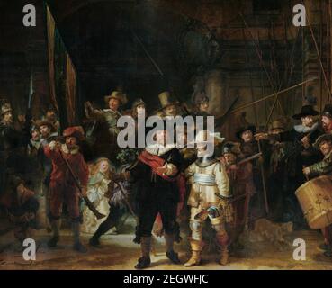 Rembrandt van Rijn (1606-1669) la compagnie de tournage de Frans interdisant Cocq et Willem van Ruytenburch aussi connu sous le nom de Night Watch, 1642. Huile sur toile Banque D'Images