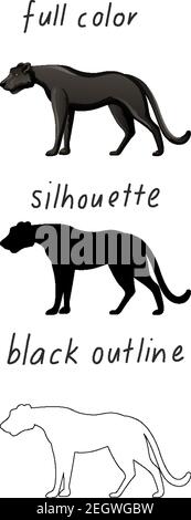Ensemble de panthères noires en couleur, silhouette et contour noir sur fond blanc Illustration de Vecteur