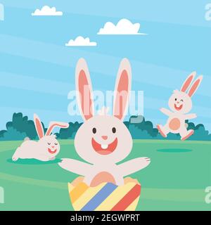 groupe de lapins de pâques et d'oeufs peints dans le camp illustration vectorielle de caractères Illustration de Vecteur