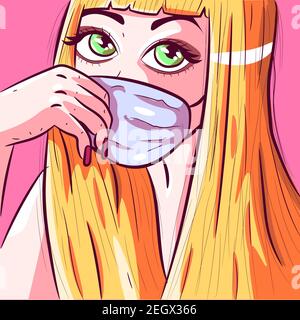 Illustration vectorielle d'une fille animée portant un masque médical de protection. Poupée Lolita manga aux cheveux blonds se protégeant contre les germes et la viruse Illustration de Vecteur