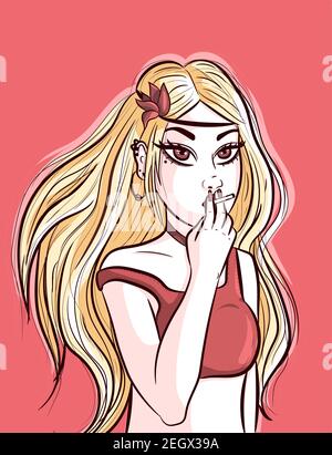 Blonde anime fille avec de longs cheveux portant un bandana et une fleur. Vector art avec une femme hippie qui fait froid et fume une cigarette. Illustration de Vecteur