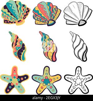 Petit paquet avec éléments marins - palourdes, coquillages, huîtres et étoiles de mer. Collection Vector avec croquis et dessins de coquillages et de créatures de plage. Illustration de Vecteur