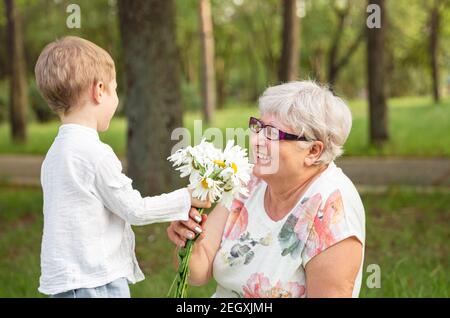 Beau garçon donnant une fleur à grand-mère. Bonne journée des mères. Banque D'Images