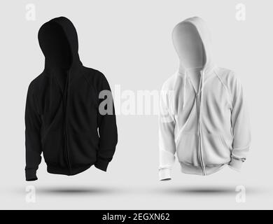 Modèle de sweat à capuche blanc, noir en 3D, avec fermeture à glissière, poche, sweat-shirt réaliste pour hommes isolé sur fond. Maquette de vêtements de mode pour Banque D'Images