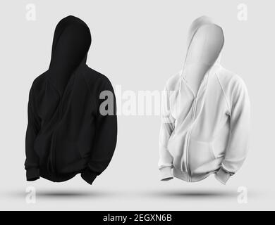 Modèle de sweat à capuche blanc, noir en 3D avec fermeture à glissière, poche, cravates, devant, sweat-shirt de mode réaliste isolé sur fond.maquette pour homme Banque D'Images