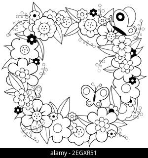 Couronne de fleurs et papillons. Page de couleur noir et blanc. Banque D'Images