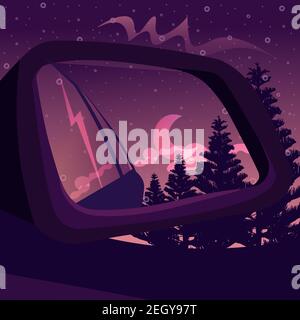 Miroir de vue latérale reflet d'une forêt sombre sous le ciel nocturne.Paysage de fantaisie avec un coucher de soleil dégradé et silhouettes d'arbre vus de l'intérieur Illustration de Vecteur