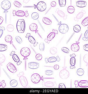 Motif violet et rose sans couture avec liseré et croquis de bonbons. Ambiance de fête répétitive avec de délicieuses friandises Illustration de Vecteur